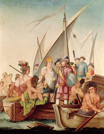 De aankomst van Hernando Cortes (1485-1547) in Mexico door Spanish School