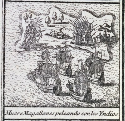 De dood van Magellan in een gevecht met de Indianen door Spanish School