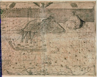 Het beleg van de stad Barcelona door troepen van koning Filips IV tijdens de Oorlog van de Oogsters van 1640-52 (gravure) door Spanish School