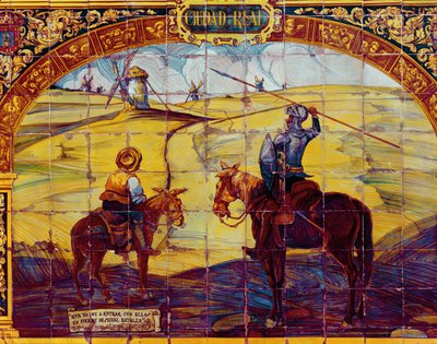 Tegels die Don Quichot en Sancho Panza weergeven die zich voorbereiden om de windmolens aan te vallen (keramiek) door Spanish School
