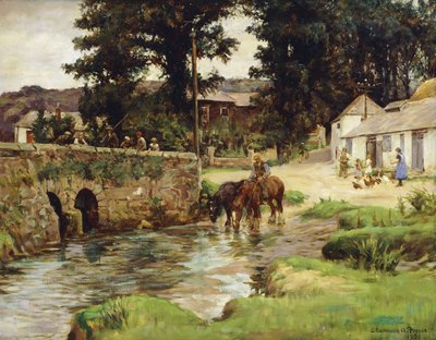 De paarden water geven in de dorpsbeek door Stanhope Alexander Forbes