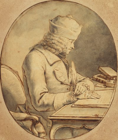 Voltaire zittend aan een Bureau met een muts op, in profiel naar links, ca. 1765 door Stanislas Jean