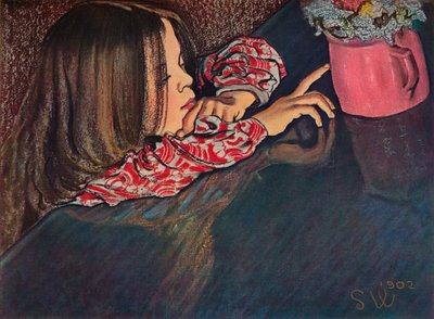 Meisje kijkt naar bloemenvaas, 1902 door Stanislaw Wyspianski