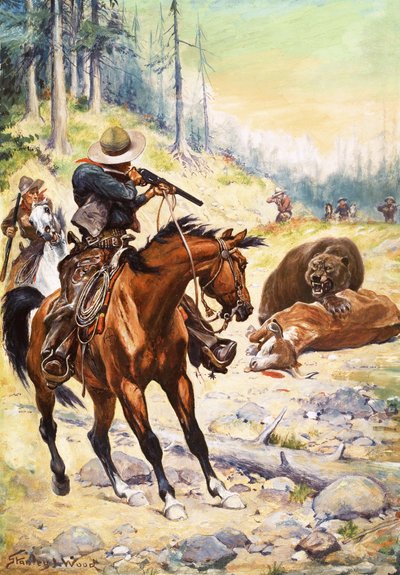Amerikaanse cowboys omringen een beer die over het lichaam van een koe gebogen is door Stanley L. Wood