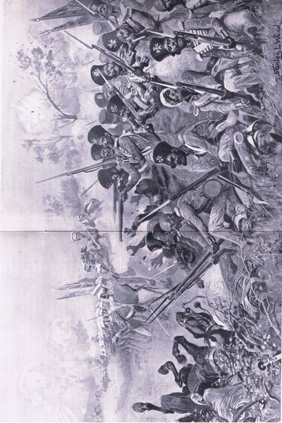 Chilianwala, 13 januari 1849: Goddys Brigade maakt een dappere stand toen ze omringd werden door Sikhs, illustratie uit Britse gevechten op land en zee, 1915 door Stanley L. Wood