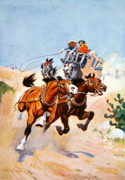Postkoets achtervolgd door Indianen door Stanley L. Wood