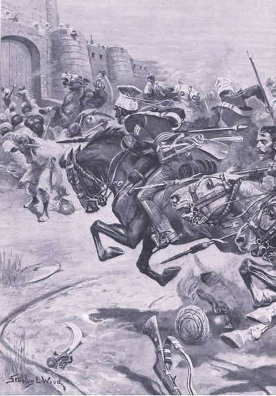 De 16e Lancers en Skinners Horse drijven de Jats naar Bharatpur; december 1825, illustratie uit Britse gevechten op land en zee, 1915 door Stanley L. Wood