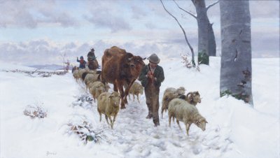 Terug van de markt na de sneeuwval, voor 1877 door Stefano Bruzzi