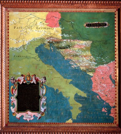Italië en Joegoslavië (Slavische landen) Kaart gemaakt door Stefano Bonsignori (?-1589) Italiaanse kosmograaf en schilder. Rond 1581. Florence, Palazzo Vecchio, Sala del Mappamondo door Stefano Buonsignori