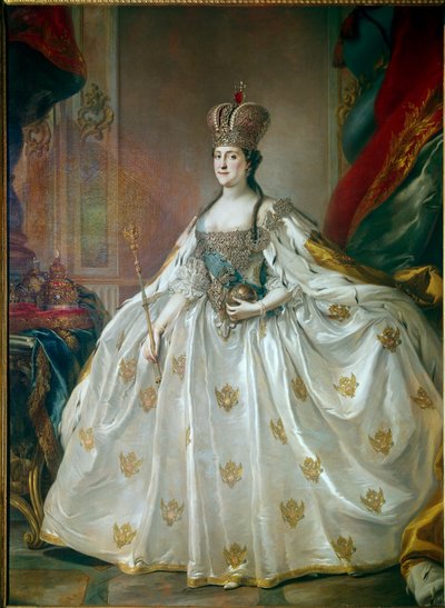 Portret van de Russische keizerin Catharina II de Grote in haar kroningsjurk door Stefano Torelli