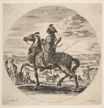 Een Moorse ruiter naar links gericht, staande en zittende Turken op de achtergrond, ca. 1651 door Stefano della Bella