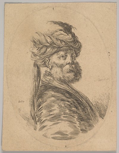 Een Turkse man met een baard en tulband met een lange veer aan de voorkant door Stefano della Bella