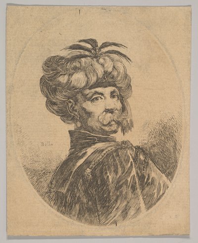 Een Turkse man met een snor, die een tulband draagt versierd met vijf reigerveren door Stefano della Bella