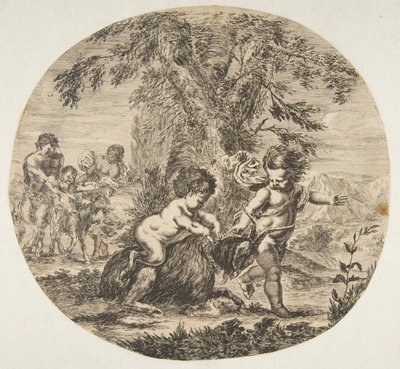 Een kind en een saterkind spelen met een geit, ca. 1657 door Stefano della Bella