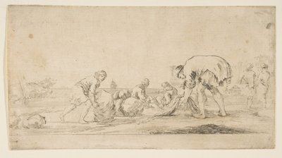 Een visser brengt zijn netten binnen, een man links duwt een baal naar rechts, twee zitt..., ca. 1662 door Stefano della Bella