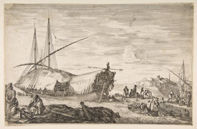 Een galei bedekt met zeilen naar links, zes kanonnen en vier mensen naar links op de voorgrond door Stefano della Bella