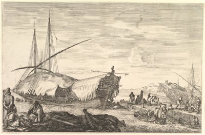 Een galei bedekt met zeilen naar links, zes kanonnen en vier mensen op de voorgrond, ca. 1652-57 door Stefano della Bella