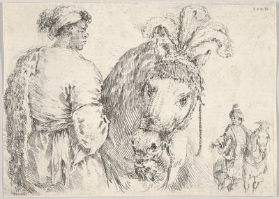 Een man links in profiel die een handvol hooi geeft aan een paard in het midden, een ruiter..., ca. 1662 door Stefano della Bella