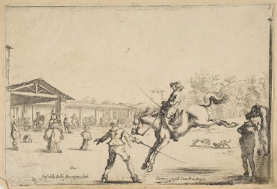 Een rijschool, een ruiter met zwaard springt door Stefano della Bella