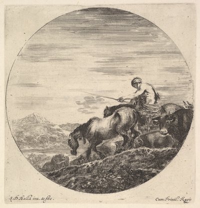 Een herder rechts, naar links gericht, die een groep dieren bergafwaarts drijft... door Stefano della Bella