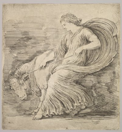 Een vrouw in profiel die aan een touw trekt dat om de hoorns van een jonge stier is gebonden, ca. 1660 door Stefano della Bella