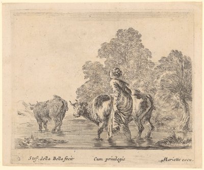 Boerin steekt met twee koeien een rivier over door Stefano della Bella