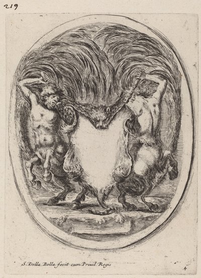 Cartouche in de vorm van een gevilde tijger ondersteund door centauren, 1647 door Stefano della Bella