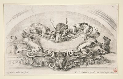 Cartouche met Honden, Hert en Zwijnenkop door Stefano della Bella