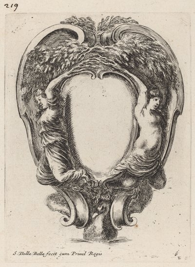 Cartouche met twee nimfen die in bomen zijn veranderd door Stefano della Bella