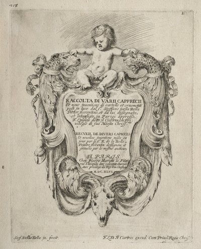 Verzameling van verschillende grillen en nieuwe ontwerpen van cartouches en ornamenten door Stefano della Bella