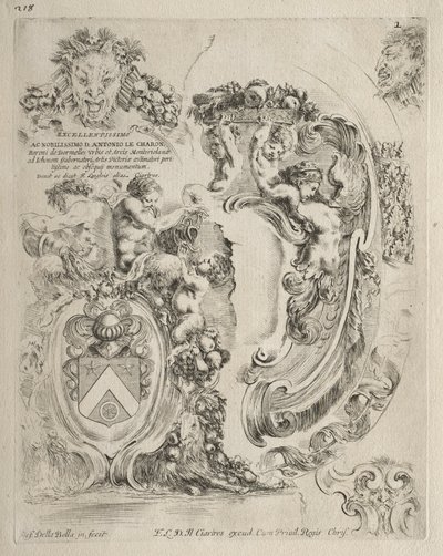Collectie van verschillende grillen en nieuwe ontwerpen van cartouches en ornamenten: nr. 2, toewijdingspagina door Stefano della Bella