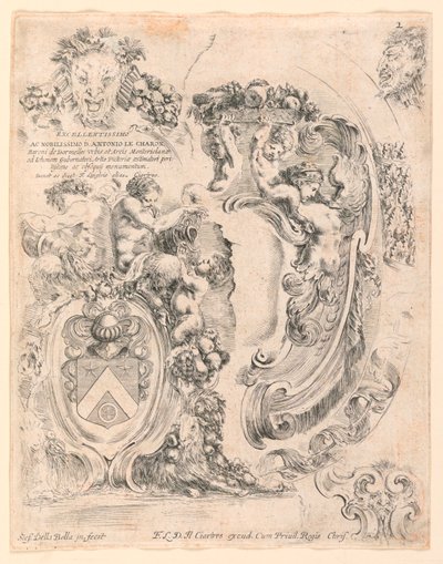 Esctucheons en details voor escutcheons, nr. 2 uit "Raccolta di varii cappriccii et nove inventioni di cartelle et ornamenti" door Stefano della Bella