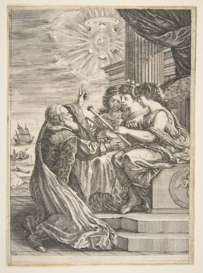 Galileo en personificaties van Astronomie, Perspectief en Wiskunde, frontispice voor door Stefano della Bella
