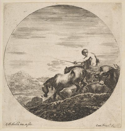 Herder te paard drijft dieren, uit Six animal subjects, ca. 1646 door Stefano della Bella