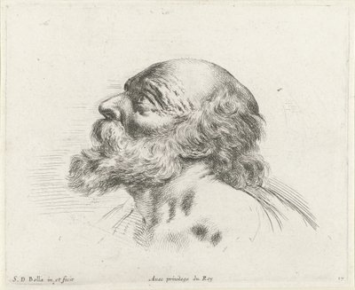 Hoofd van een kale oude man met baard, in profiel naar links (mogelijk H. Petrus) door Stefano della Bella