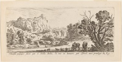 Landschap met waterval door Stefano della Bella