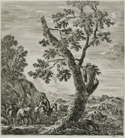 Bereden boerin met een kind in haar armen, plaat zes uit De zes grote uitzichten van Rome en de Campagna door Stefano della Bella