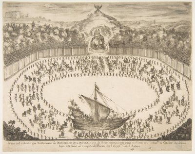 Paradewagen in de vorm van een schip, wapen van de Groothertog van Modena bovenaan, 1652 door Stefano della Bella