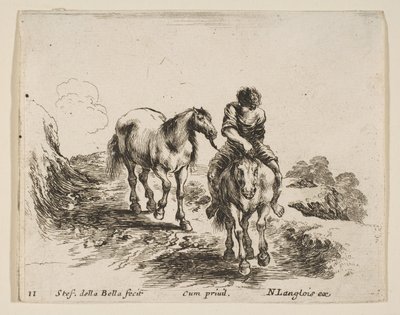 Plaat 11: een jonge ruiter, gezien van voren, leidend een ander paard, uit Diverse... door Stefano della Bella