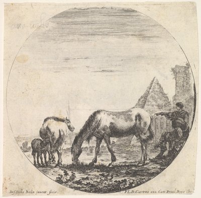 Blad 11: de piramide van Caius Cestius rechts op de achtergrond, een paard grazend, ca. 1643-48 door Stefano della Bella