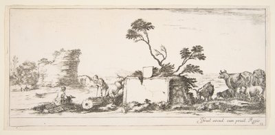 Plaat 12: een zittende tekenaar links, een staande herder naast hem rechts, ruïne, ca. 1641 door Stefano della Bella