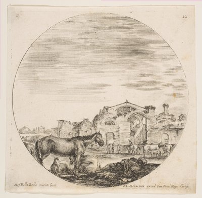 Plaat 12: een herder die op de grond slaapt aan de rechterkant, drie paarden aan de linkerkant, andere paarden..., ca. 1646 door Stefano della Bella