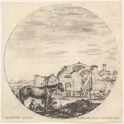 Plaat 12: een herder die op de grond slaapt naar rechts, drie paarden naar links, andere h... (ca. 1643-48) door Stefano della Bella