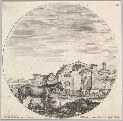 Plaat 12: een herder slapend op de grond naar rechts, drie paarden naar links, andere, ca. 1643-48 door Stefano della Bella