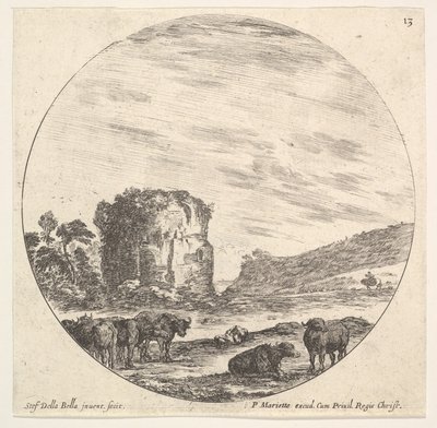 Plaat 13: ruïnes van een oude tempel op de achtergrond, een kudde koeien op de voorgrond, ca. 1643-48 door Stefano della Bella