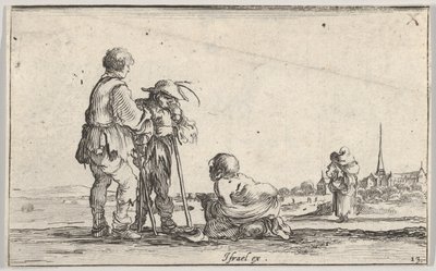 Twee boeren staand naar links, een kreupele knielend op de grond in het midden door Stefano della Bella