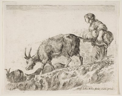 Plaat 14: herderin die geiten hoedt, uit Diverse dieren Diversi animali, ca. 1641 door Stefano della Bella