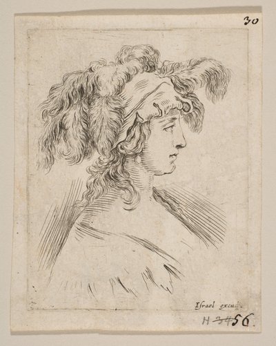 Blad 15: borstbeeld van een jonge vrouw in profiel met een hoed met veren, ca. 1649 door Stefano della Bella