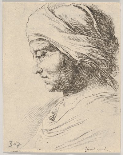 Hoofd van een oude man in profiel met een doek om zijn hoofd gebonden, uit De B... door Stefano della Bella