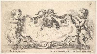 Plaat 17: een cartouche met een marmeren centrum, een kind aan weerszijden die een slinger vasthouden..., 1646 door Stefano della Bella
